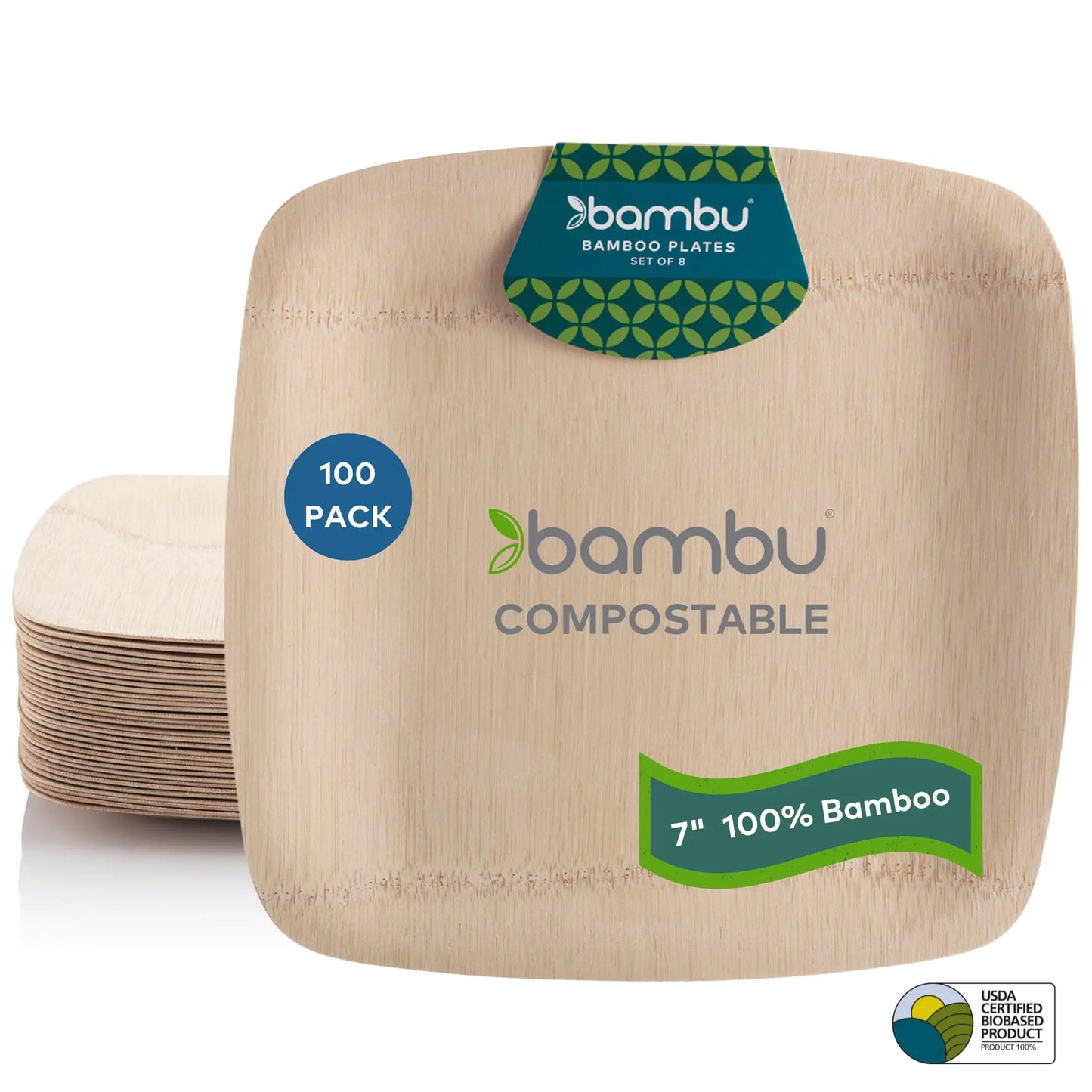 Bambu Pack of 100-7 Inch Disposable Bamboo Plates Square Biodegradable Eco Friendly Products Bamboo Disposable Plates for Party Weddings and Events Great For Any Occasion - Bulk Case