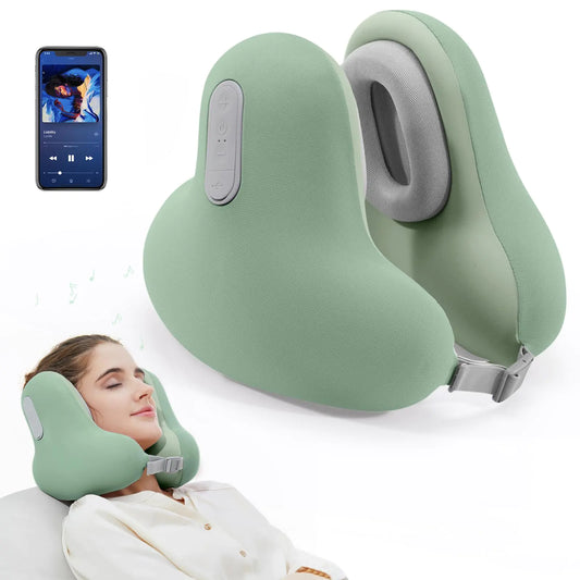 Travel Neck Pillow with Bluetooth HeadsetMemory Foam Airplane Pillow for Head Support Ergonomic Design Traveling Music Pillow for HomeFlightCar with Adjustable Buckle and Drawstring Bag(Green)