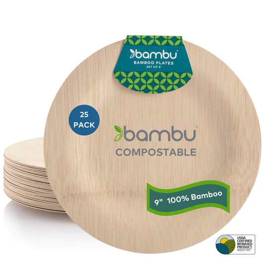 Bambu Pack of 25 - 9 Inch Disposable Bamboo Plates Round Biodegradable Eco Friendly Products Bamboo Disposable Plates for Events Compostable Plates