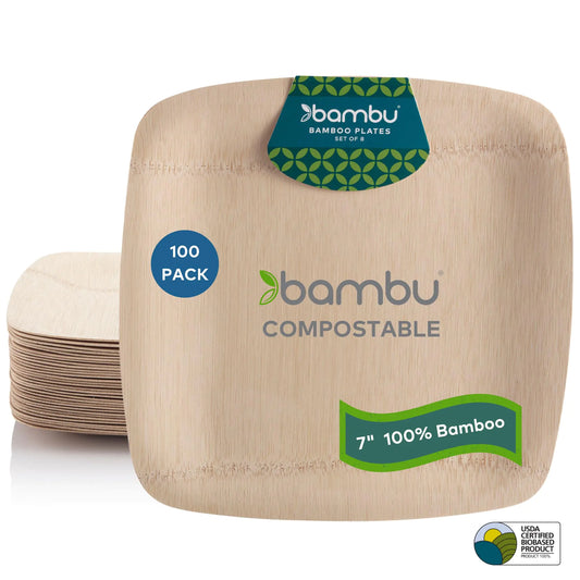 Bambu Pack of 100-7 Inch Disposable Bamboo Plates Square Biodegradable Eco Friendly Products Bamboo Disposable Plates for Party Weddings and Events Great For Any Occasion - Bulk Case